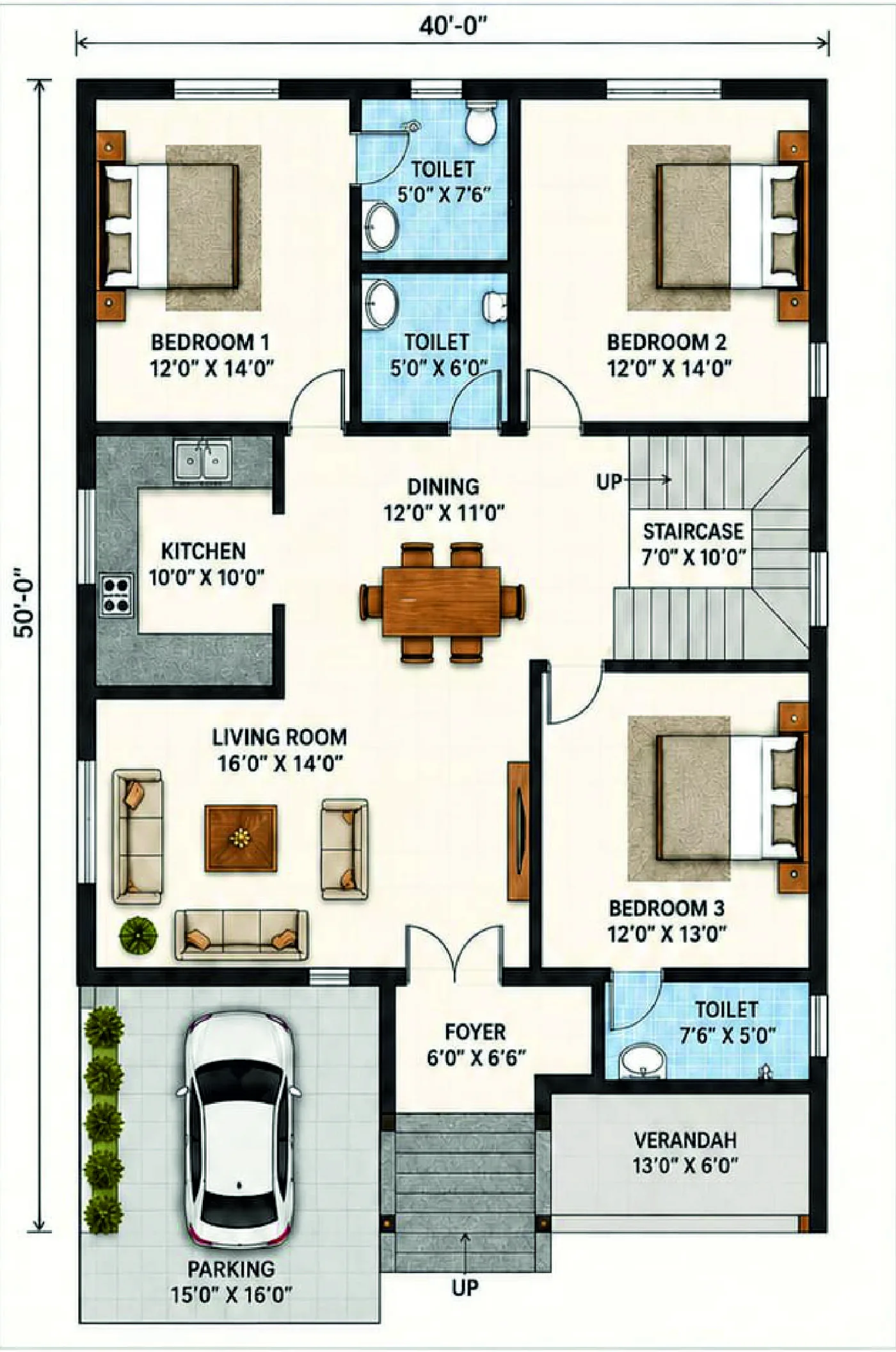 2D Floor Plan — 3 BHK Modern Simplex, Design My House