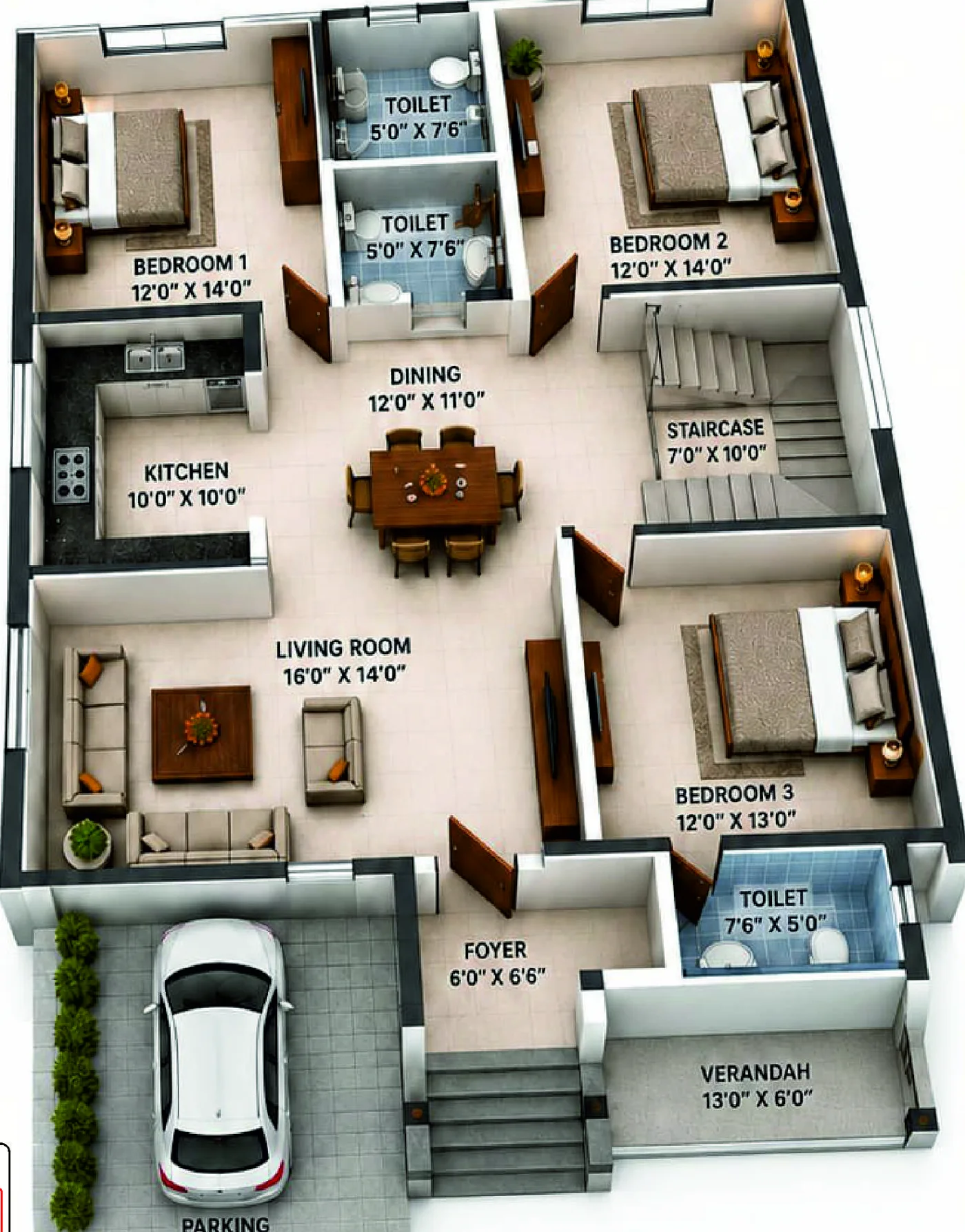 3D Floor Plan — 3 BHK Modern Simplex, Design My House